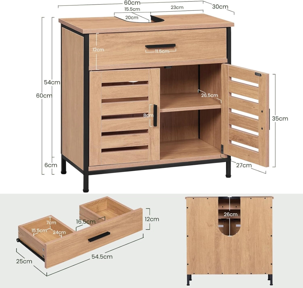 Mobiletto, Mobile Lavabo, Mobile Bagno, con 1 Cassetto Grande, 2 Ante a Ribalta, Ripiano Regolabile, MDF, 60x30x60cm, Rovere Chiaro