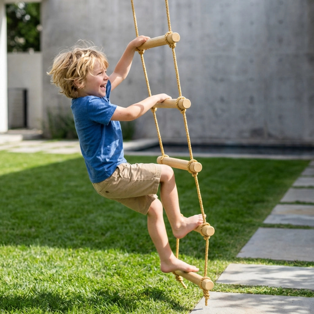 Scaletta per Bambini 3-8 Anni a 5 Pioli con Fibbie e Cinghie, in Legno e PE, color Legno