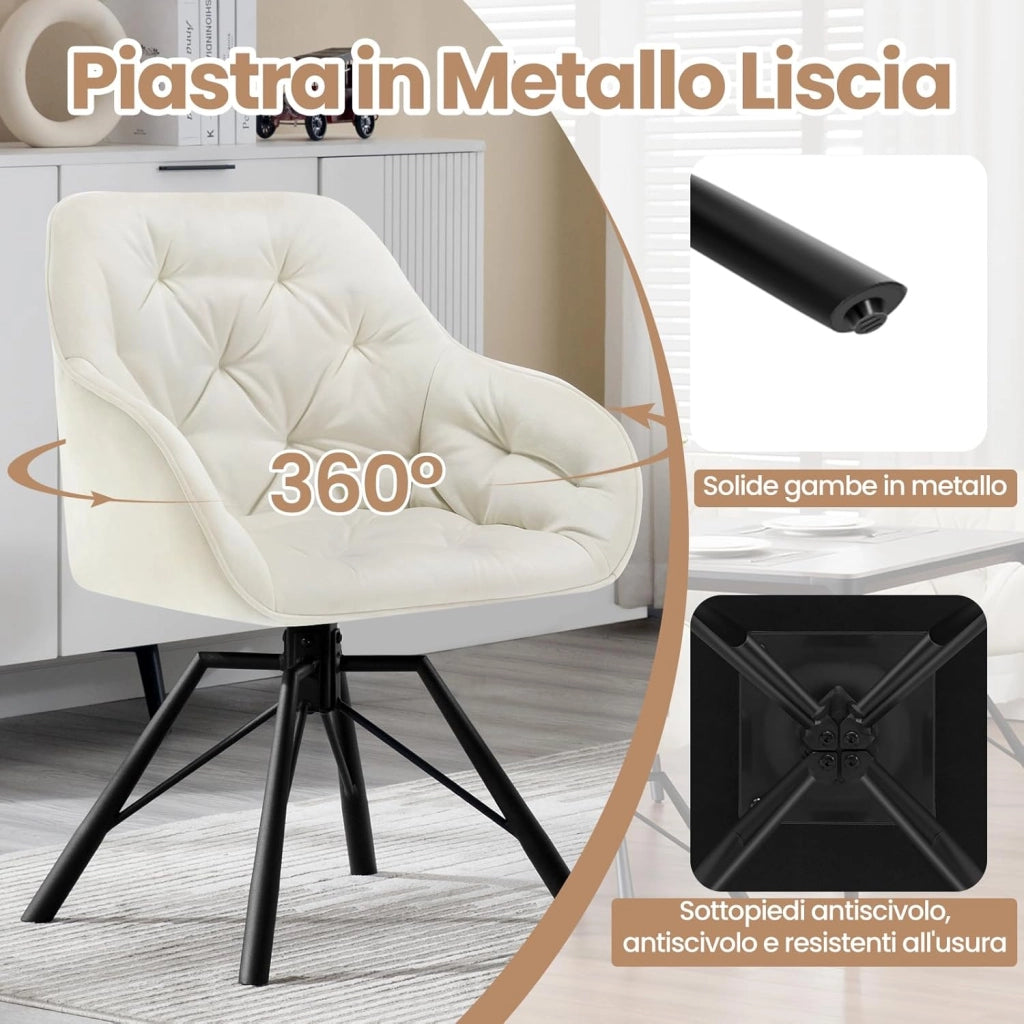 Set di 6 Sedie per Sala da Pranzo Girevoli a 360°, Sedie da Cucina Imbottite con Gambe in Metallo, Poltroncine in Velluto per Camera da Letto, Soggiorno, Ufficio, Crema EZS60cm-6
