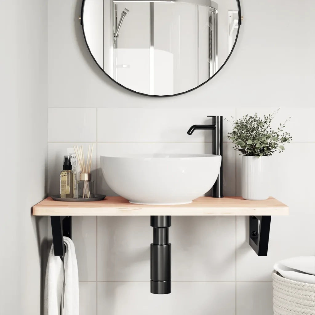 Ripiano a Parete per Lavabo in Acciaio e Massello di Faggio