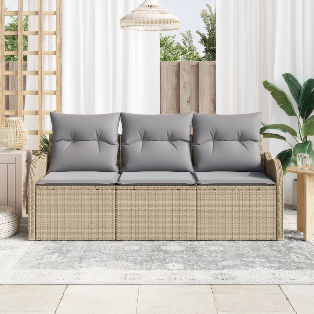 Set di Divano da Giardino a 3 Pezzi con Cuscini Beige