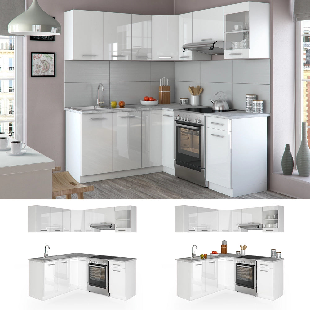 Vicco Cucina angolare completa Bianco/bianco lucido 187 x 167 cm , PL Marmo con striscia LED