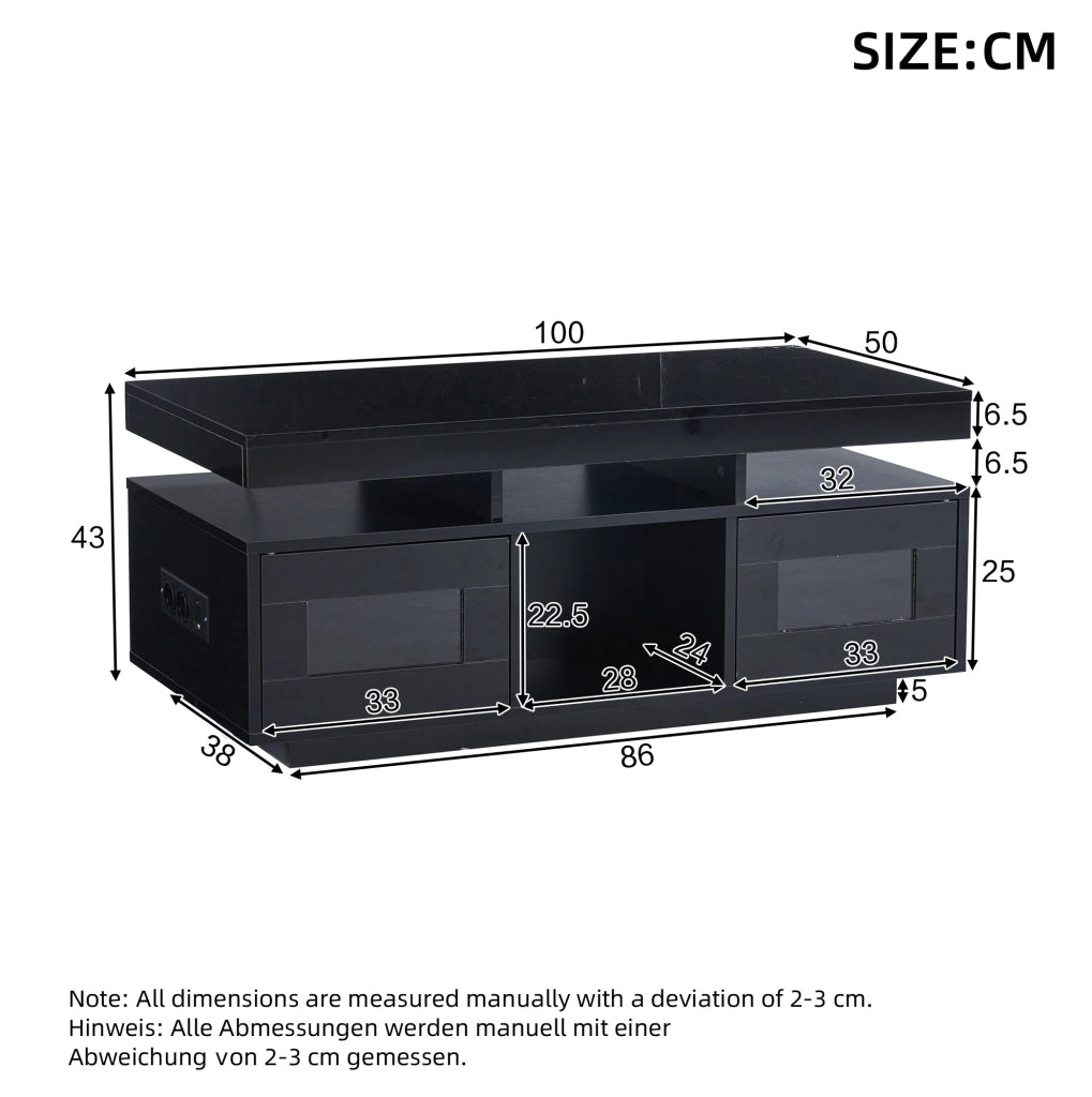 Tavolino da caffè 100x50x43 cm nero lucido con LED controllabili da app; presa e USB