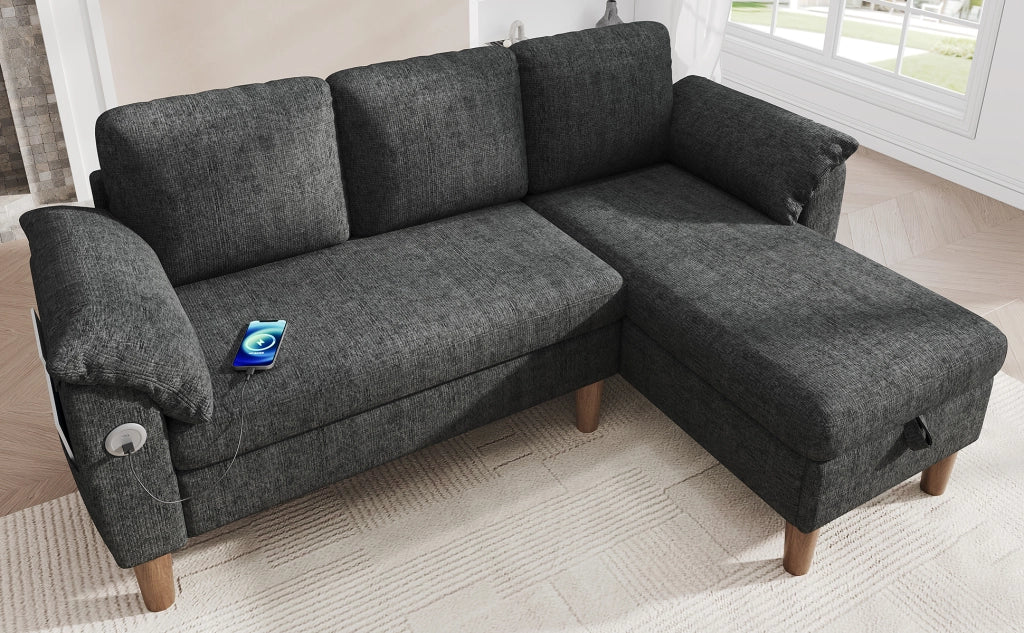 Divano ad angolo modulare con chaise longue reversibile porta USB e USB-C tasche laterali in chenille grigio scuro