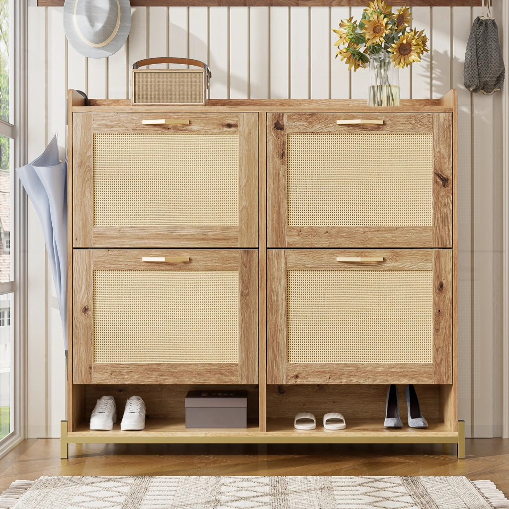 Scarpiera con 4 Ante e Ripiano Superiore; Struttura in Metallo; Stile Naturale; in MDF; Effetto Legno; 108;5×24×100 cm