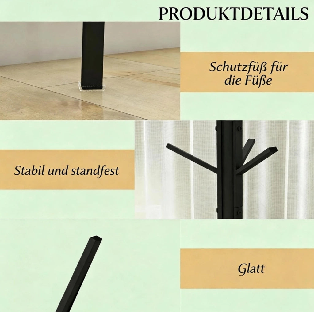 Appendiabiti nero in metallo e MDF con 9 ganci e ripiano, 45x45x180 cm