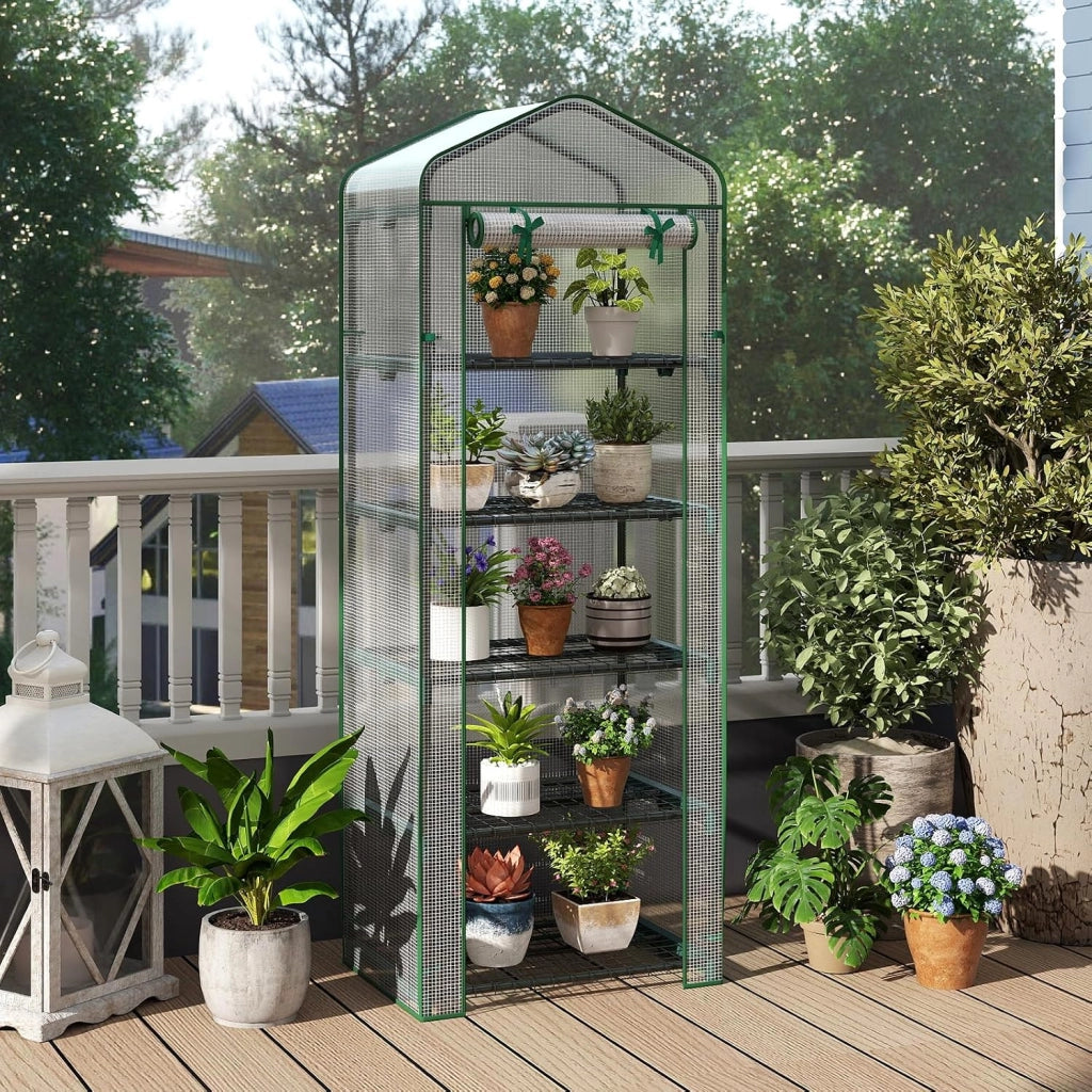 Mini Serra da Esterno ed Interno, Serra da Giardino con 5 Ripiani, Copertura in PE, Porta con Cerniera a Rotolo e Telaio in Metallo Antiruggine, Ideale per Balcone, Patio e Giardino