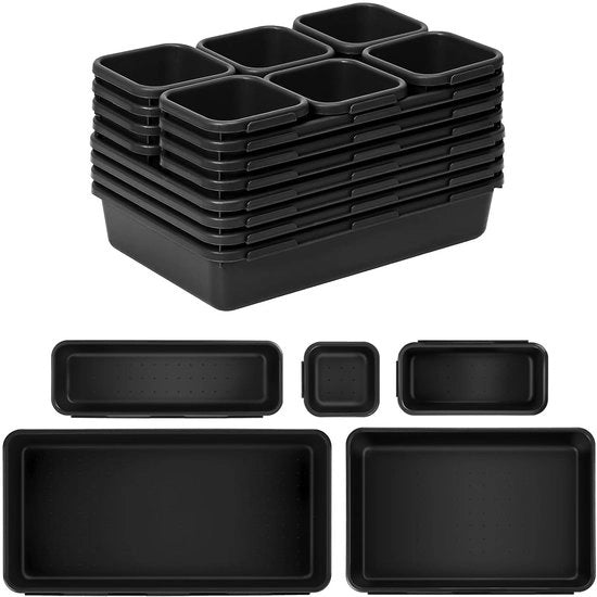 Set di organizzatori per cassetti, 5 organizzatori multifunzionali in plastica, organizzatore per cucina, bagno, ufficio, tavolo da toeletta, trucco, accessori da cucina e contenitori di archiviazione (19 pezzi)