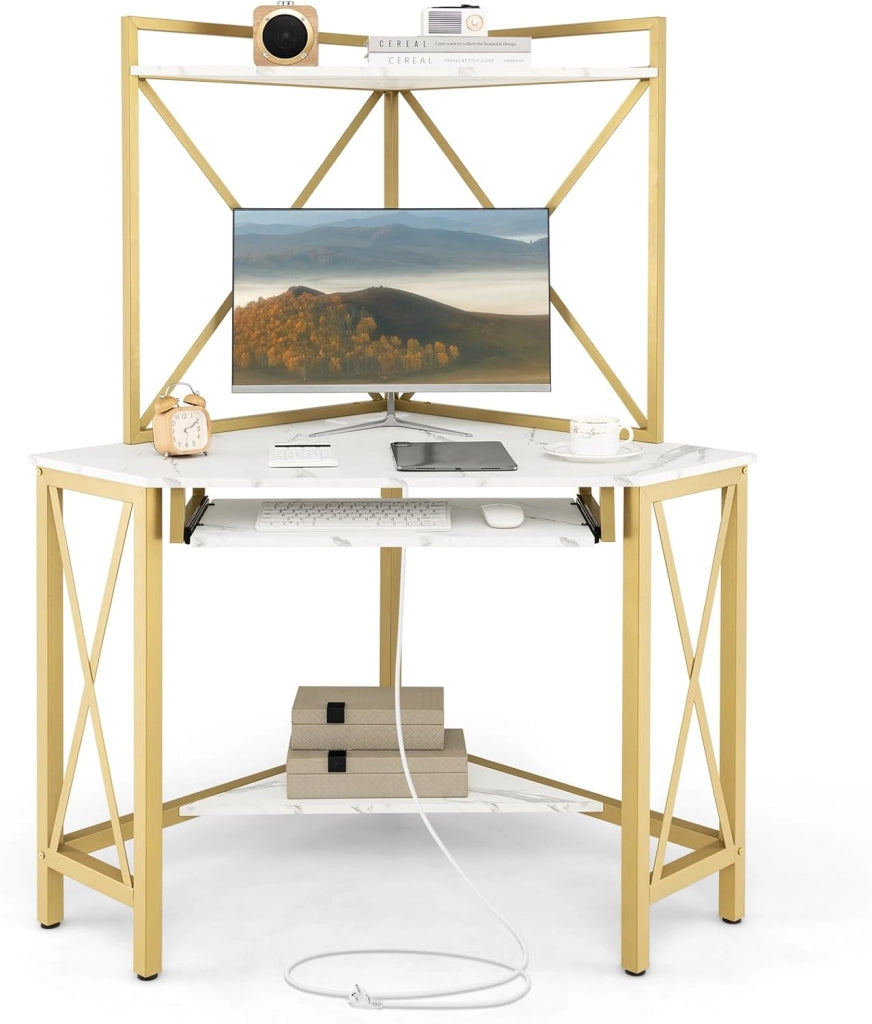 Scrivania angolare con ripiani, tavolo da lavoro a forma di L, scrivania per computer con prese, vassoio per tastiera, deflettore anticaduta, design salvaspazio (marrone)