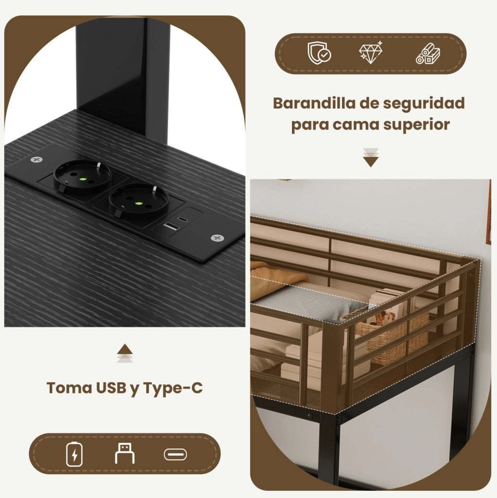 Letto a castello doppio in ferro 90x200 cm con scrivania, prese USB e Type-C, mensole e ripiani, nero