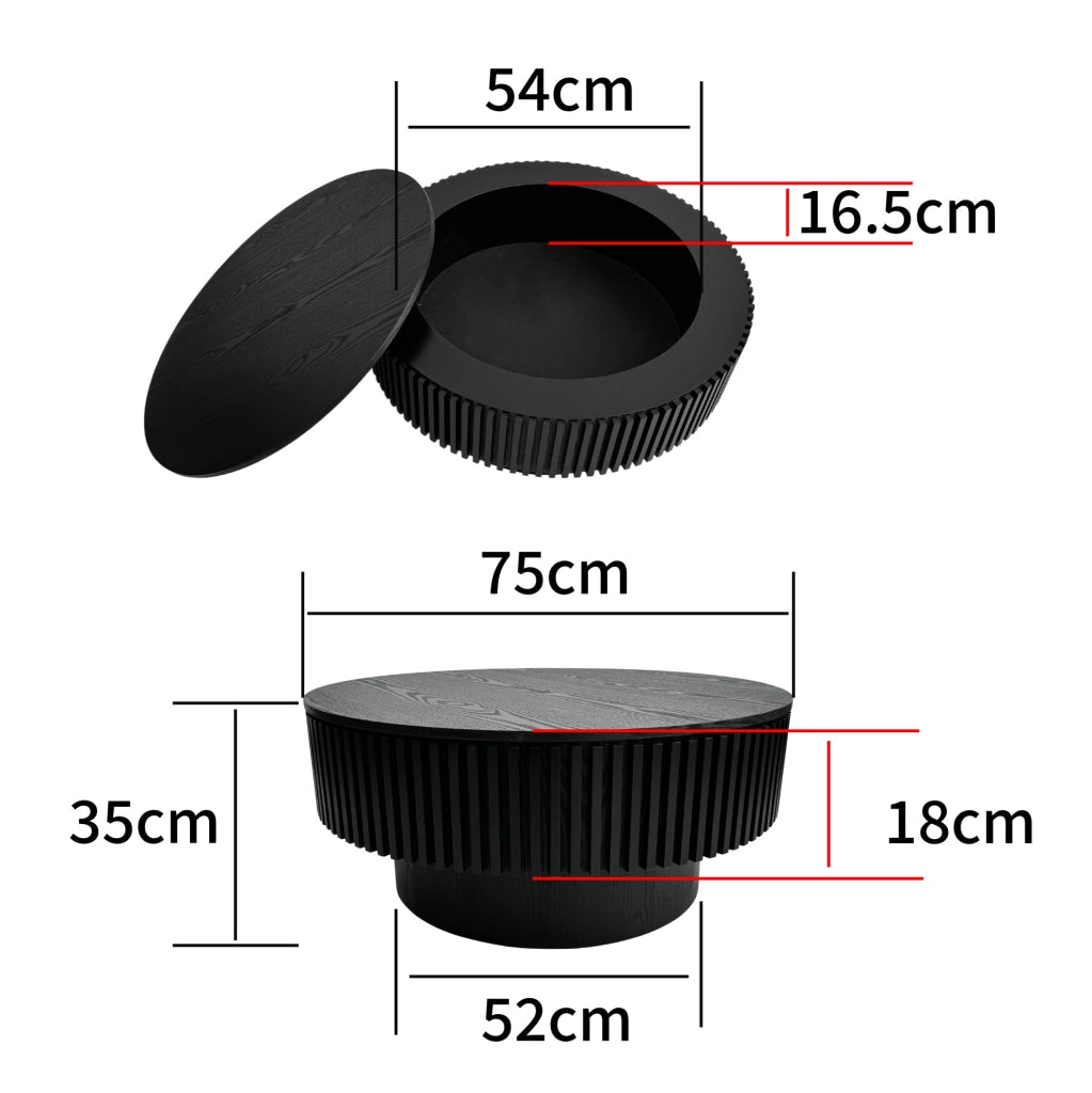 Tavolino da caffè rotondo 75 cm con vano contenitore, MDF impiallacciato in legno, colore nero