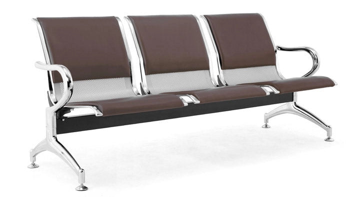 Panca per Sala Attesa 3 Posti da Ufficio con Cuscino in Acciaio e Similpelle Argento/Marrone Scuro