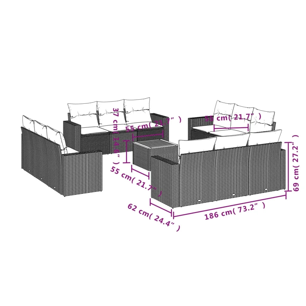 Set Divano da Giardino 13 pz con Cuscini Beige in Polyrattan