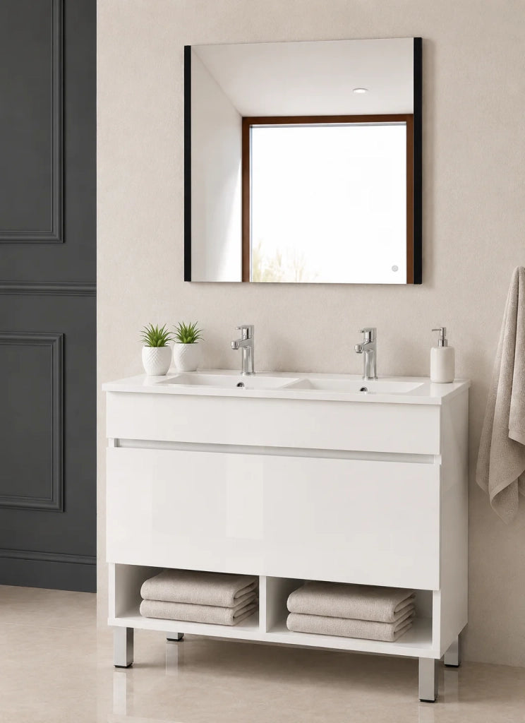 Mobile bagno con piedini con lavabo extrapiano ORIGENBATH NEBARI senza specchio 120x45 cm doppio lavabo bianco