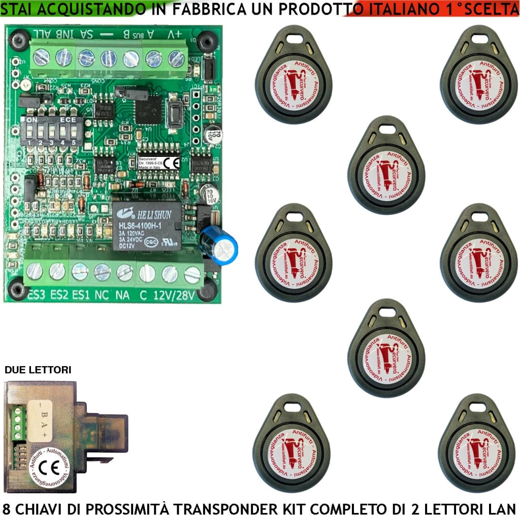 Chiave Elettronica di Prossimità 8 Chiavi TAG Due Lettori su Modulo LAN Universale 501/503 RJ45 Alimentazione 12/24 Vac Relè Scambio 2 A a 24 V Funzione Impulsiva o Stabile Segnale di Stato 4 Led GRVB