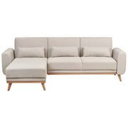 Divano letto ad angolo Rivestimento beige chiaro in tessuto poliestere Gambe in legno chiaro Cuscini Design moderno