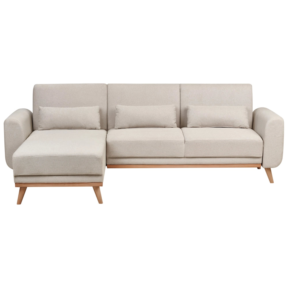 Divano letto ad angolo Rivestimento beige chiaro in tessuto poliestere Gambe in legno chiaro Cuscini Design moderno