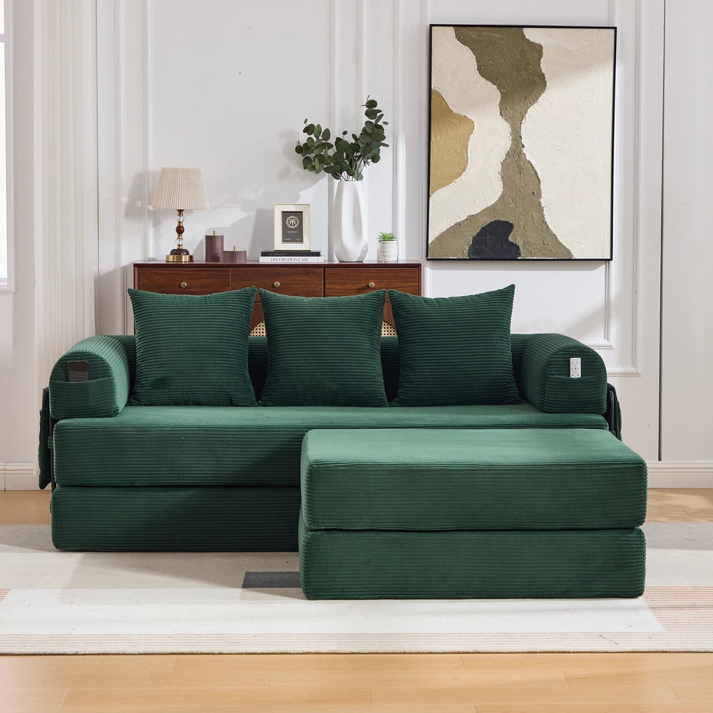 Divano 3 posti con poggiapiedi e cuscini ¨C Minimal ¨C velluto verde, struttura in metallo