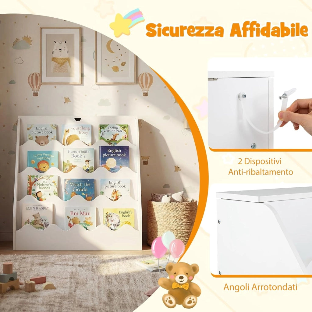 Libreria Montessoriana per Bambini 2in1, Scaffale per Libri a 4 Livelli con Carrello Portagiochi, Vano con Coperchio Ribaltabile, per Cameretta e Stanza dei Giochi, 63x49x61,5 cm (Bianco)
