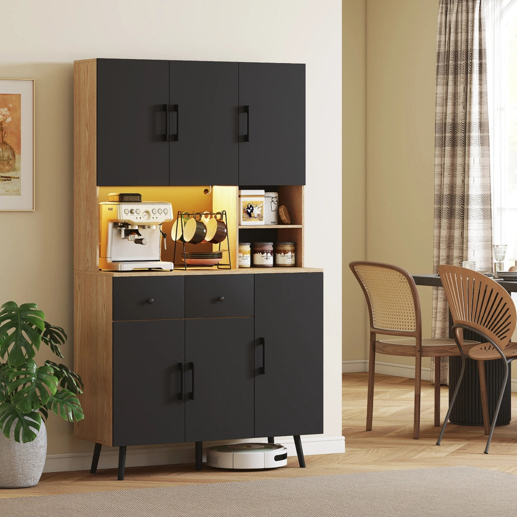 Armadio Cucina con 6 Ante 2 Cassetti e Luce LED ¨C Zephmum ¨C Nero Rovere 100x40x176 cm