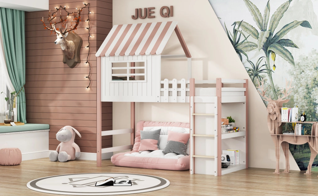 Letto a castello rosa in legno massello con funzione letto alto e basso 90x200 cm