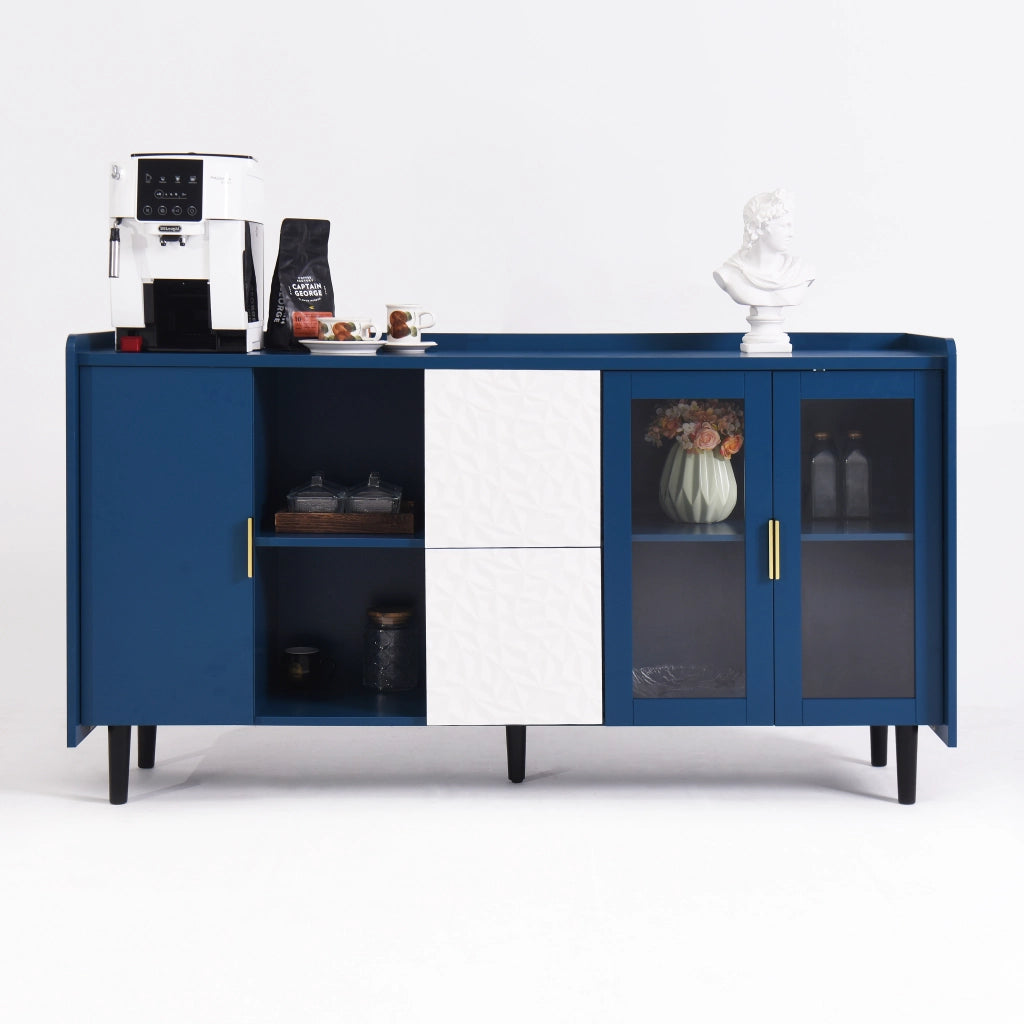 Buffet da Cucina con Vetro e Cassetti ¨C Xylo ¨C Legno Blu, 2 Ante, 55 Pollici