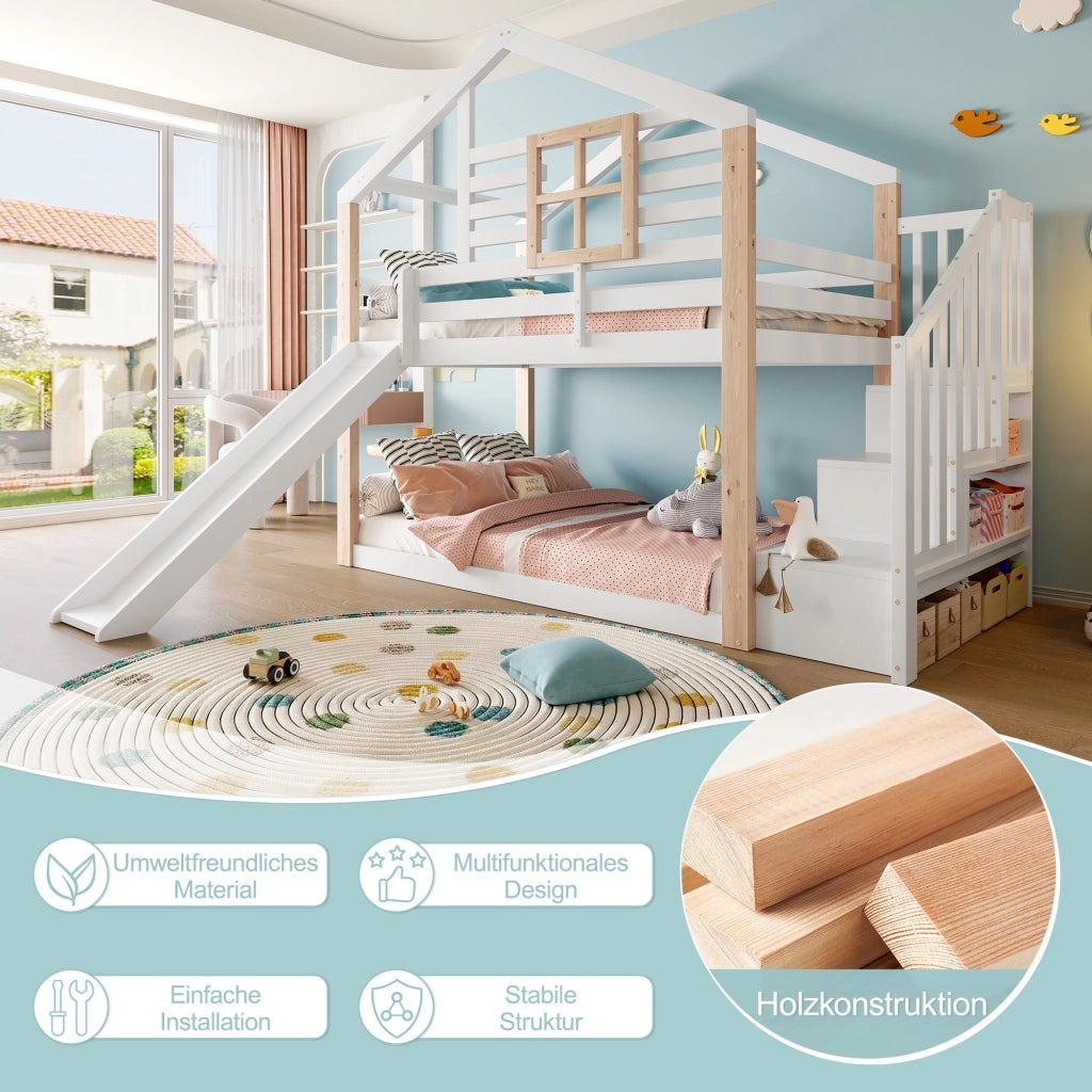 Letto a castello con scivolo e scala in legno bianco 90x200 cm