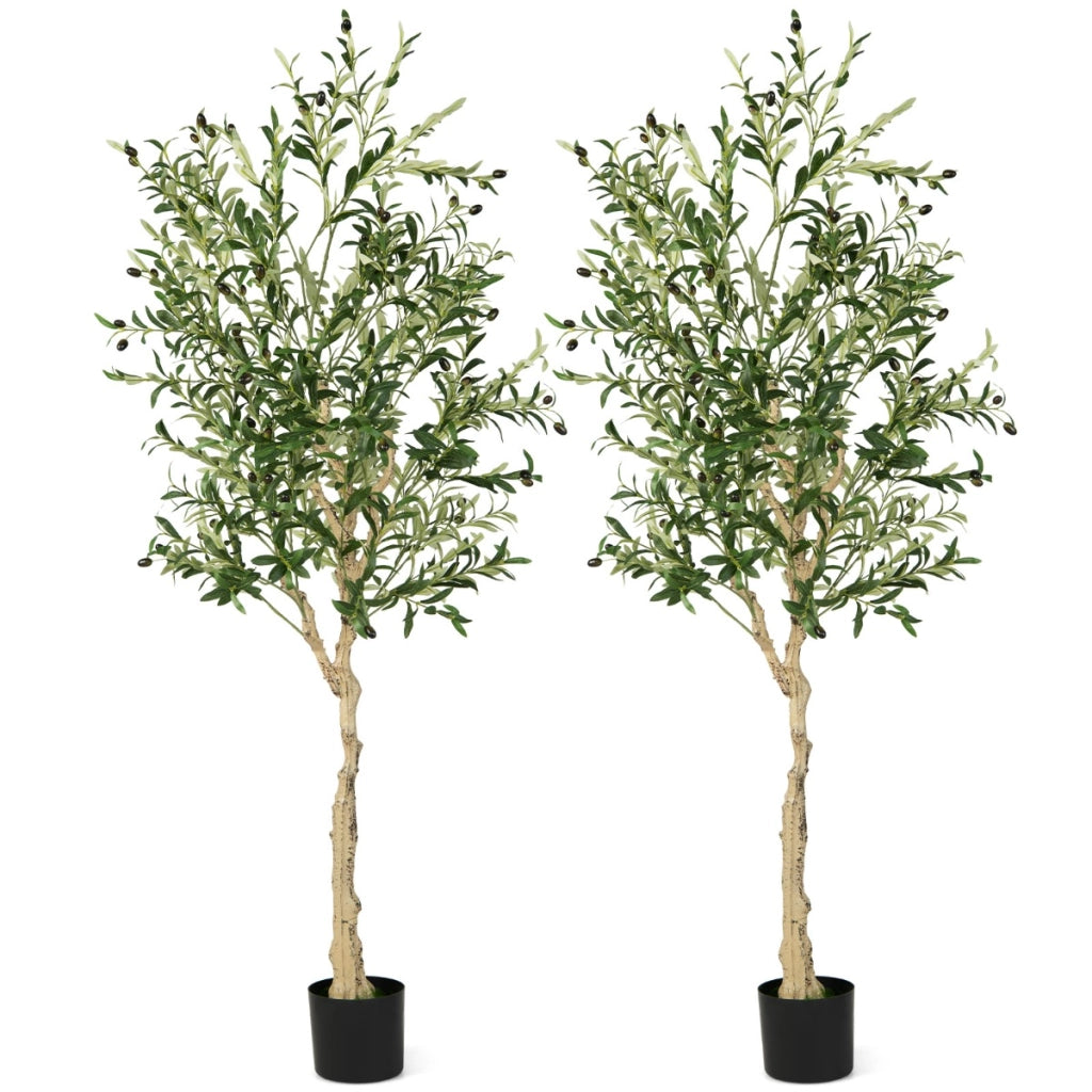 Set da 2 alberi di ulivo artificiali con vaso in plastica e 72 frutti, Piante finte di ulivo per decorazioni domestiche-Natale