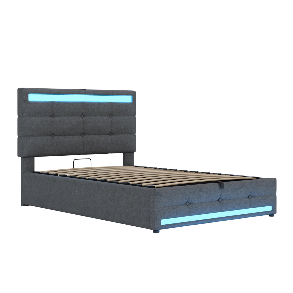 Letto imbottito 90x200 cm con luci LED RGB, porte USB, testiera regolabile e struttura salvaspazio, grigio