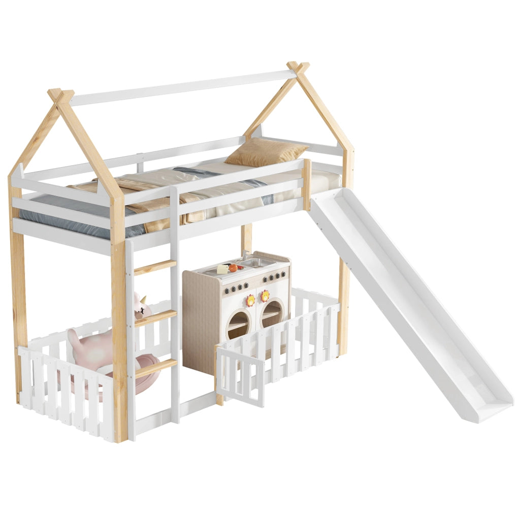 LETTO A CASTELLO con scivolo 90x200 cm bianco e naturale