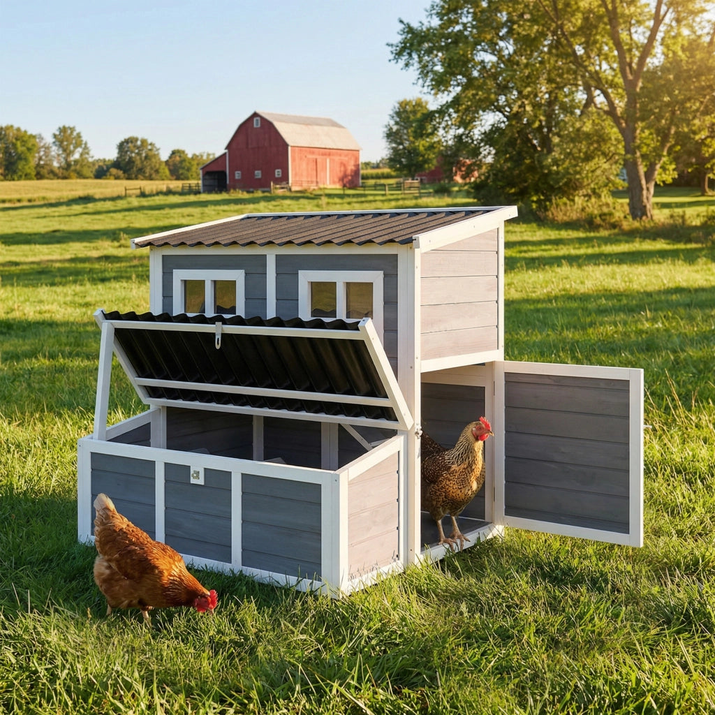 Pollaio con Nido per 3-4 Galline ¨C Xylo ¨C Legno di Abete, Tetto Impermeabile, 100x86x100 cm, Grigio Chiaro