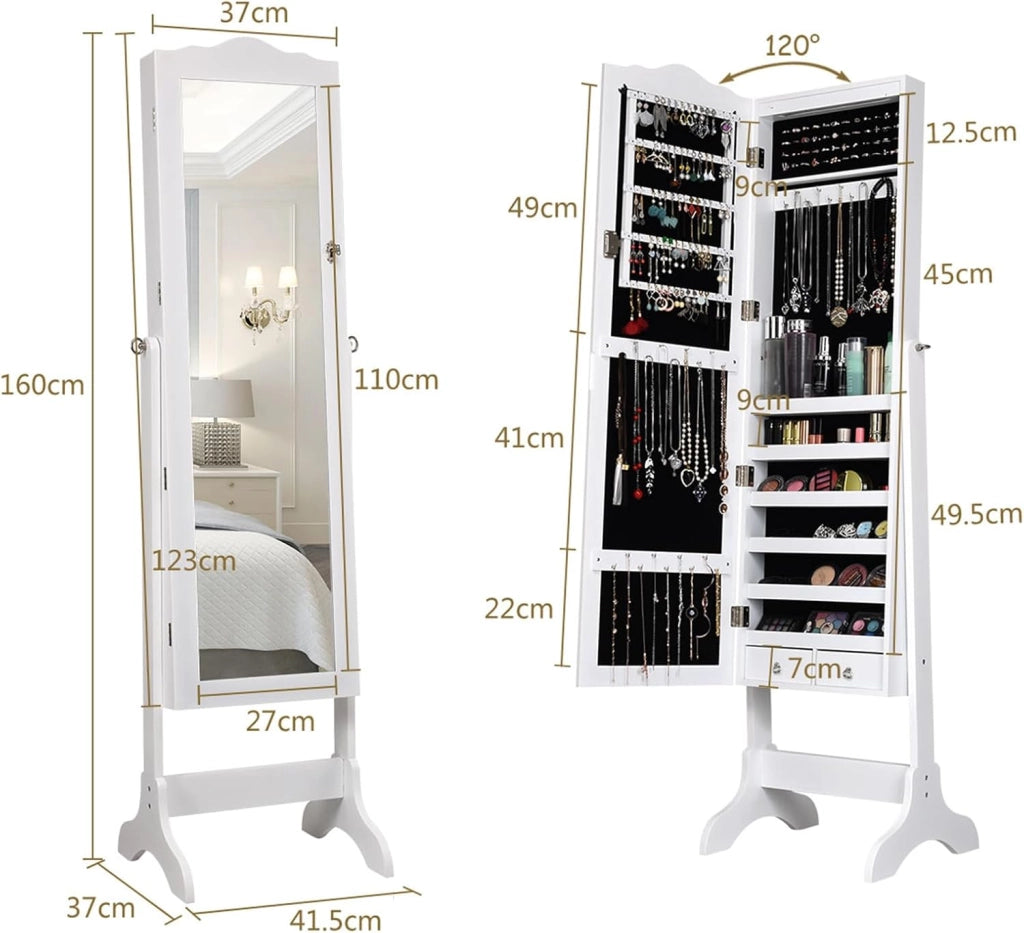 Armadietto Portagioie da Terra, Specchio Portagioie con Luci LED, Angolo Regolabile, con Chiave, 41,5 x 37 x 160 cm (Bianco)