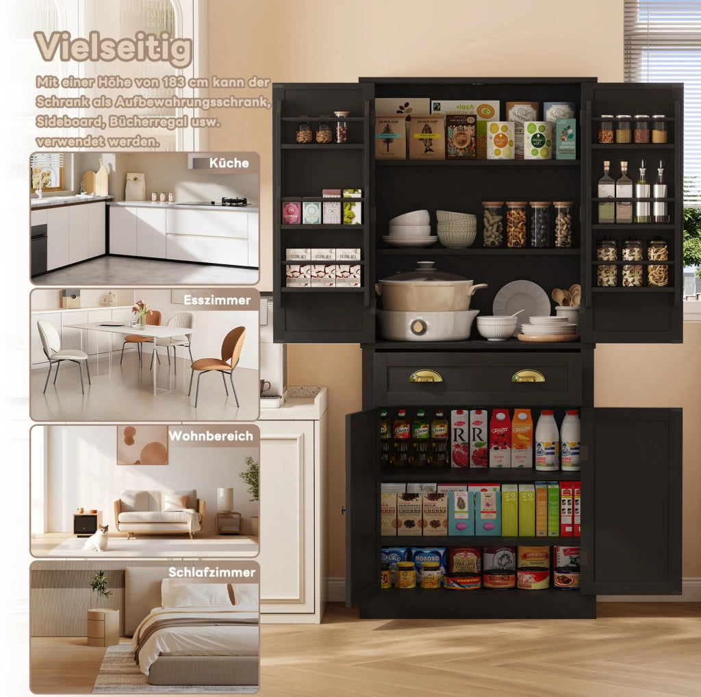 Credenza dispensa alta 80x40x182 cm con 4 ante e cassetto nera