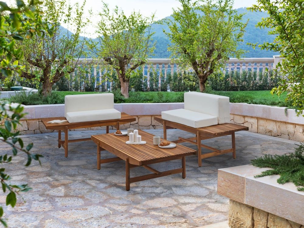 Set di divani da giardino Cuscini bianco sporco Legno di acacia Rustico per esterni 2 posti con tavolino