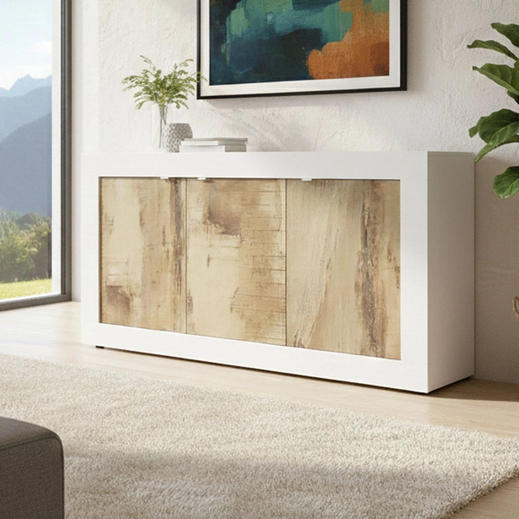 Credenza Faustin, Buffet da soggiorno, Madia da salotto, Dispensa da cucina, Made in Italy, 160x43 h86 cm, Bianco e Acacia