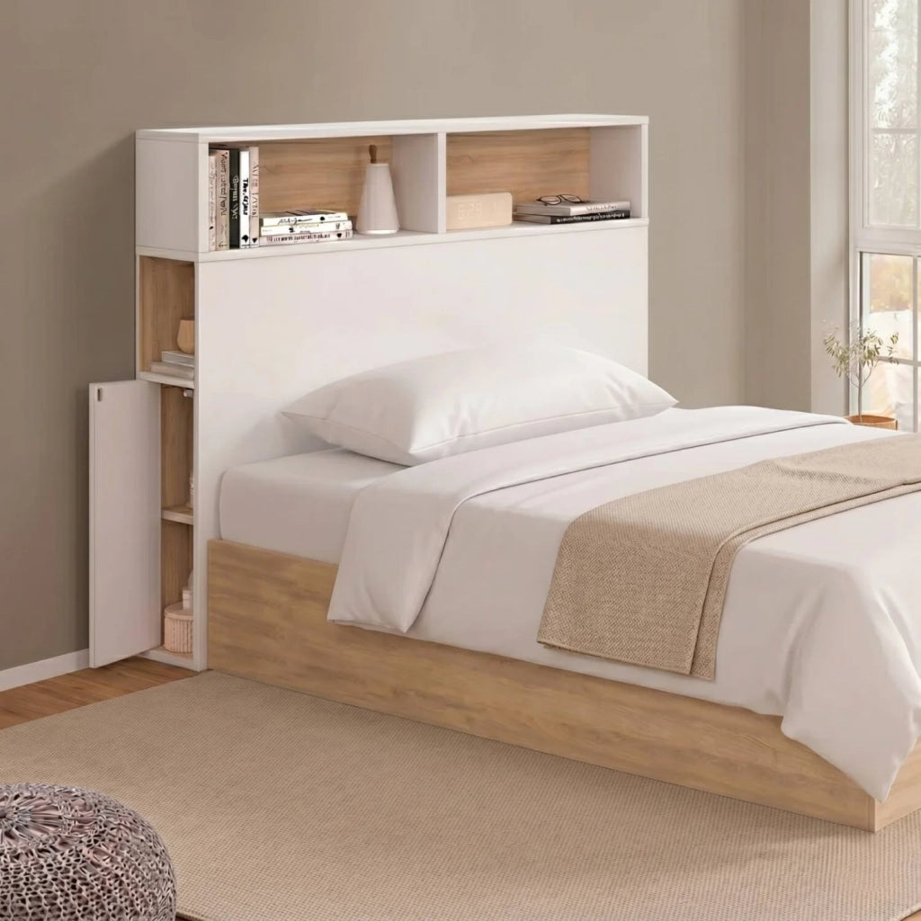 IDMarket - Testiera CLEO 95 cm free-standing con contenitori chiusi e nicchie in bianco e faggio