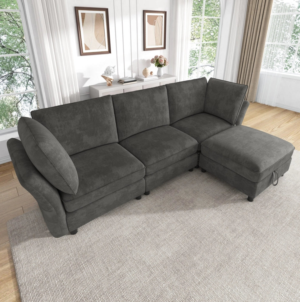 Divano angolare modulare 4 posti in ciniglia grigio con pouf contenitore HOMVRA