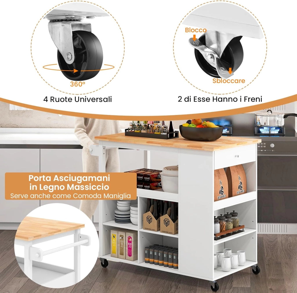 Carrello da Cucina, Carrello con Piano in Legno di Gomma con 4 Ripiani Regolabili Cassetto Ripiani per Spezie Porta Asciugamano e Ruote Bloccabili, 117x60x99 cm (Bianco)