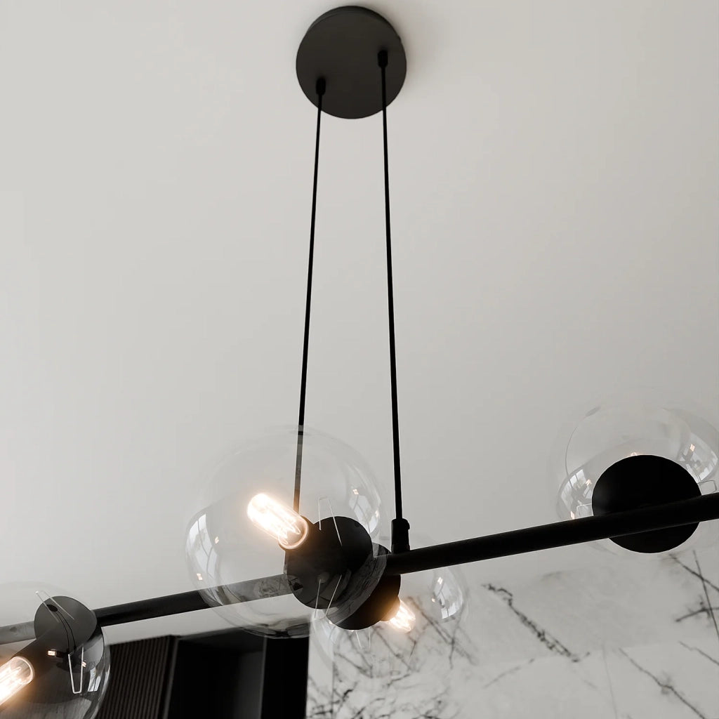 Lampadario Contemporaneo 6 Luci Durga In Acciaio Nero E Sfere Vetro Trasparente
