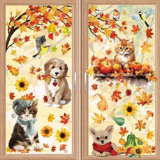 Decorazione per finestra a 9 foglie autunnale, adesiva senza colla, foglie di quercia, zucche e piccoli animali per decorazione autunnale di finestra
