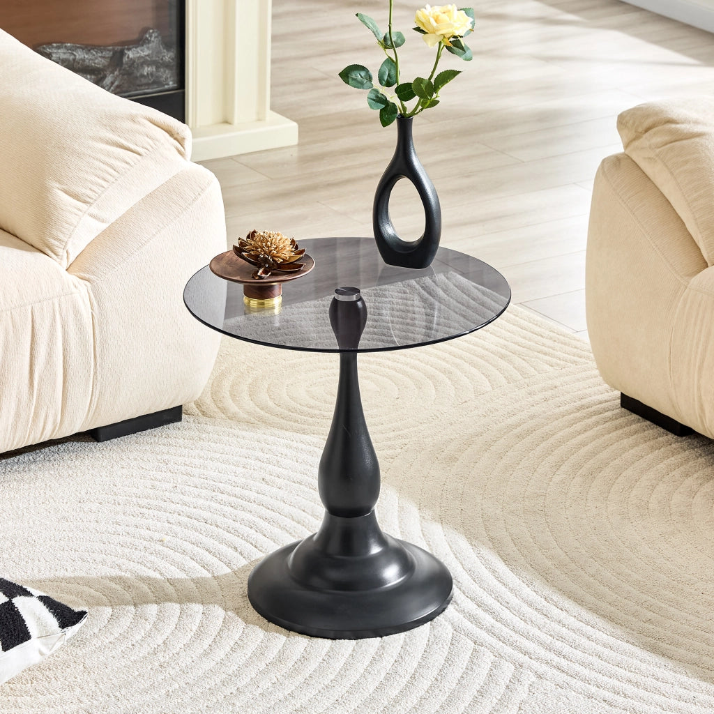 Tavolino basso in vetro temperato con base in metallo rotondo per soggiorno e camera da letto nero 53,5 × 53,5 × 21 cm