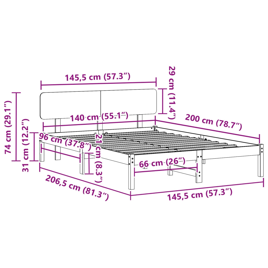 Struttura del letto con testiera 140x200 cm in legno massello di pino