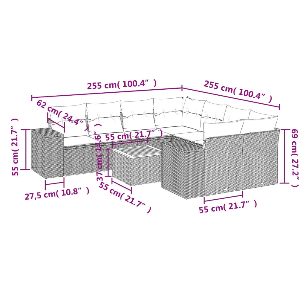 Set Divano da Giardino 9 pz con Cuscini Grigio in Polyrattan 3257705
