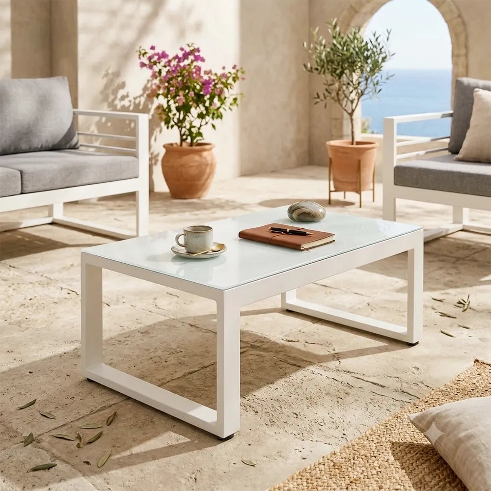 Salottino 2 posti LEROS in alluminio colore bianco tessuto grigio chiaro per spazi aperti con cuscineria sfoderabile.