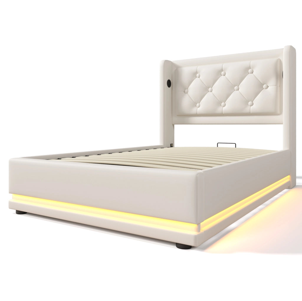 Letto imbottito 90x200 cm con materasso, contenitore e testiera con USB e LED