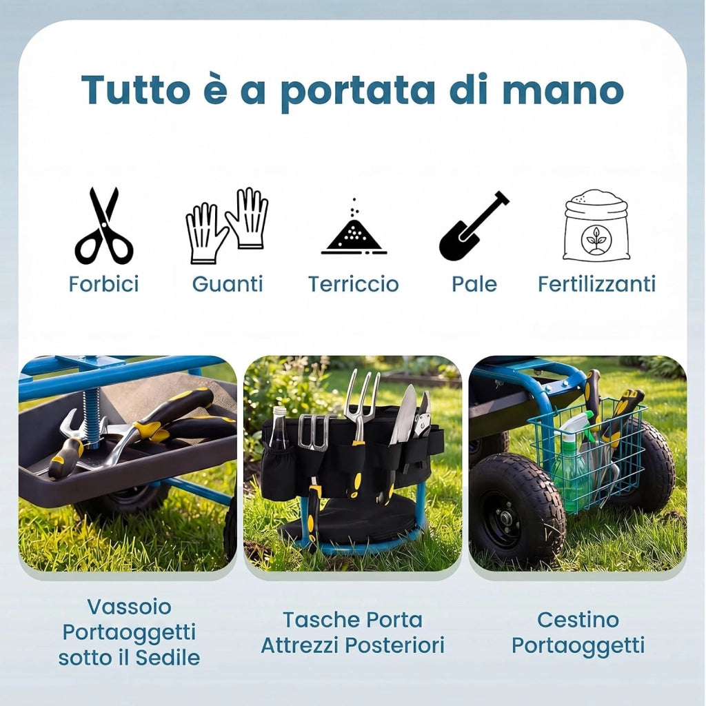 Carrello da Giardino, Sgabello con Ruote Girevole a 360°, Cuscino Imbottito, Schienale, Cestino, Tasca e Vassoio Porta Attrezzi, Carriola da Giardino e Cortile, 96 x 46 x 78-87 cm (Blu)