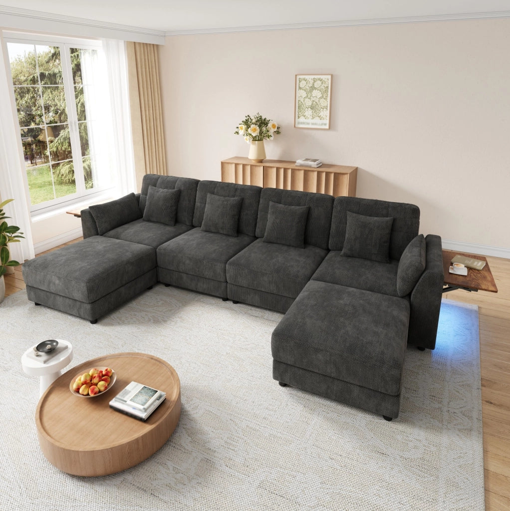 Sofa modulare U/L con LED; 2 pouf mobili e 6 cuscini; rivestimento in ciniglia grigio
