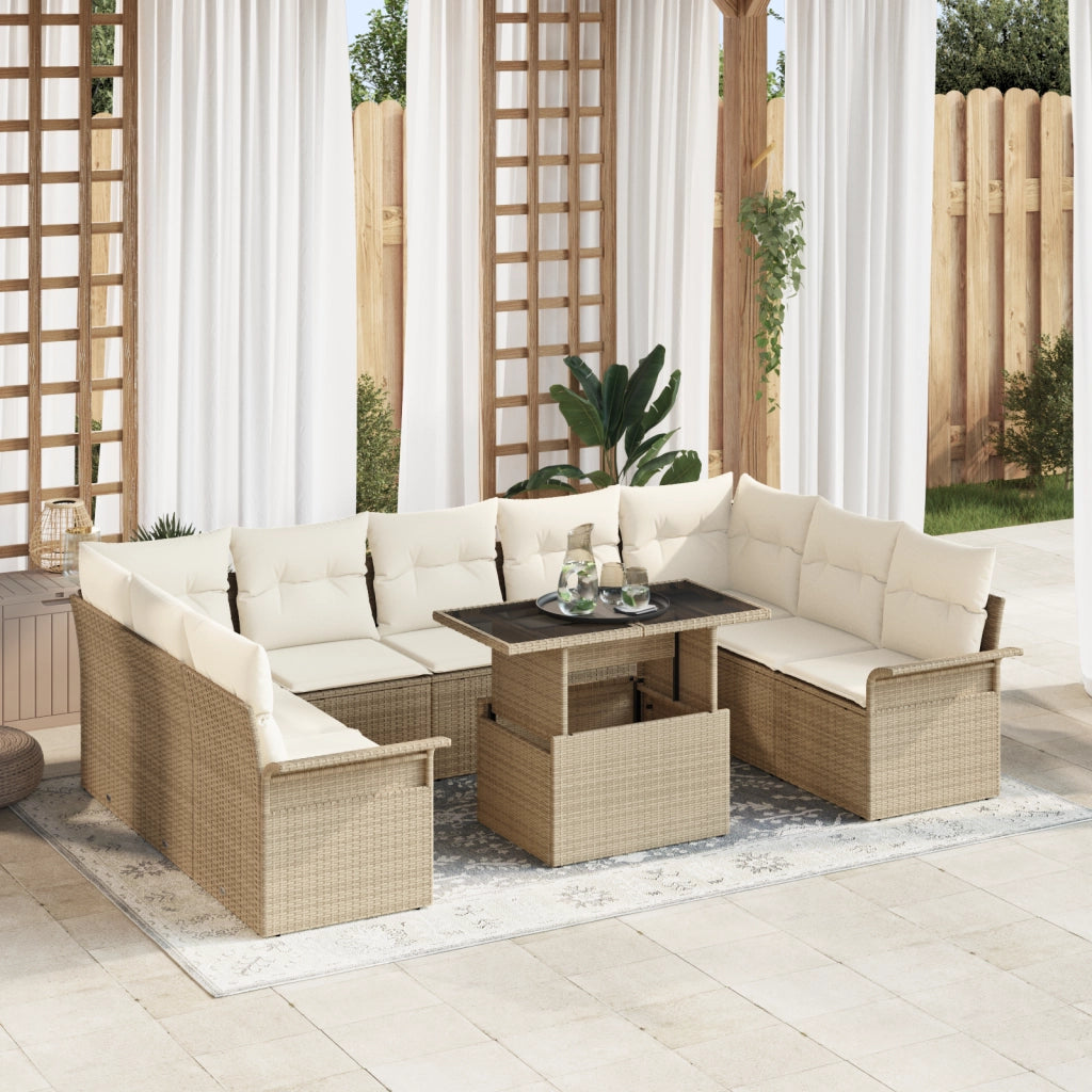 Set SofÃ  da Giardino 10 Pezzi con Cuscini Beige in Rattan Poliestere
