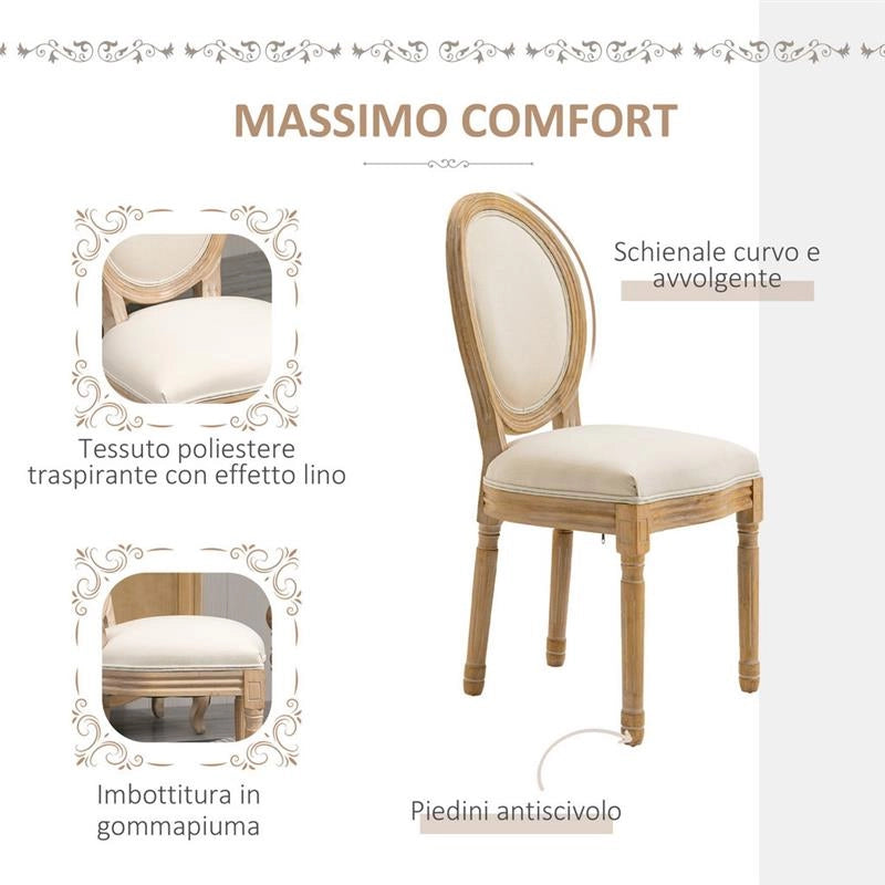 SET 2 SEDIE IMBOTTITE PER SOGGIORNO STILE VINTAGE RETRO IN LEGNO E TESSUTO BIANCO
