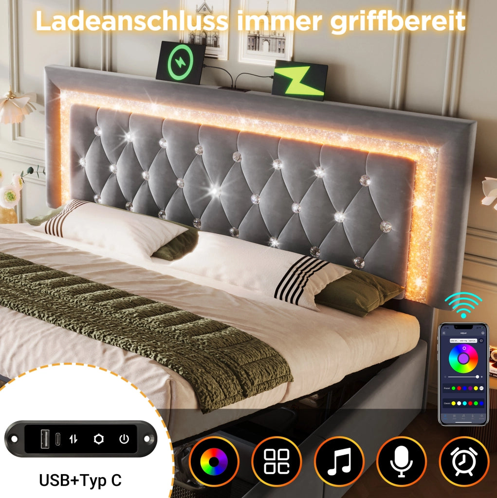 Letto imbottito con LED e vano contenitore
